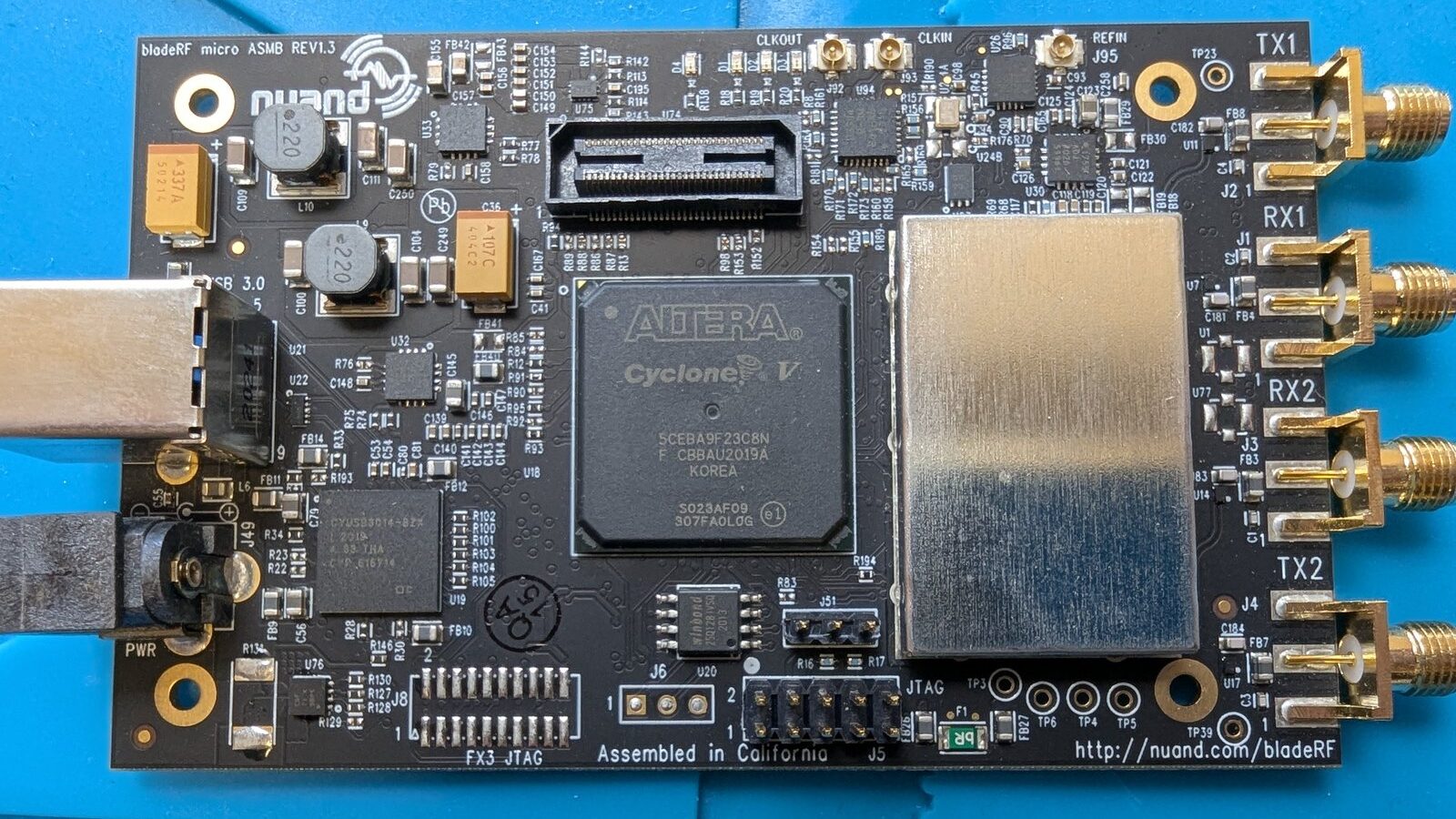 Close-up of a bladeRF SDR circuit board