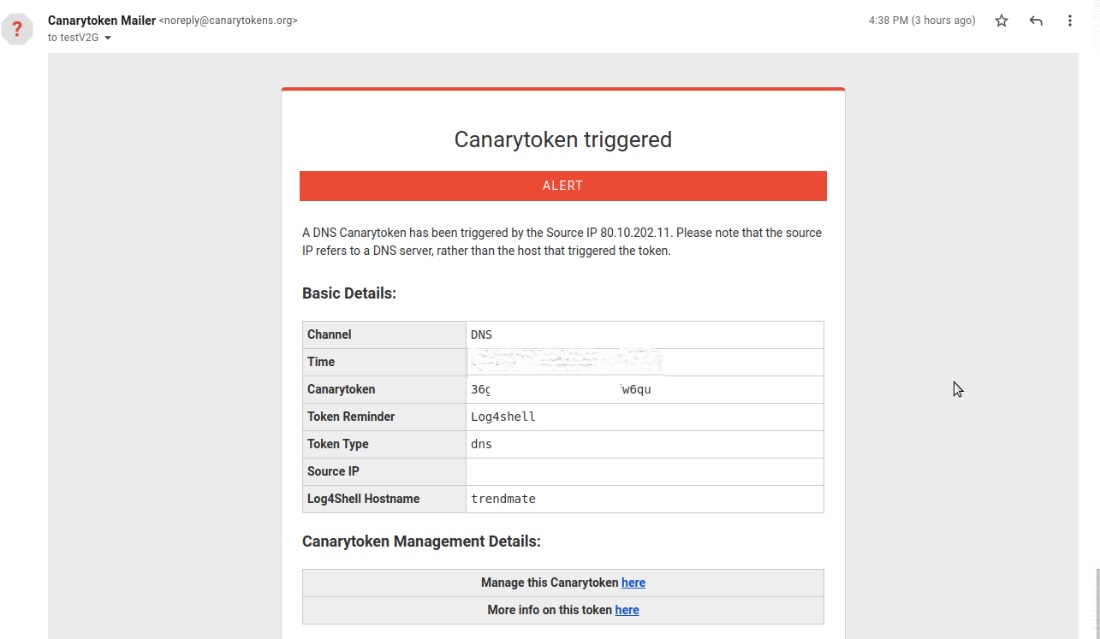 Canarytokens’ alert for a Log4j vulnerability detection